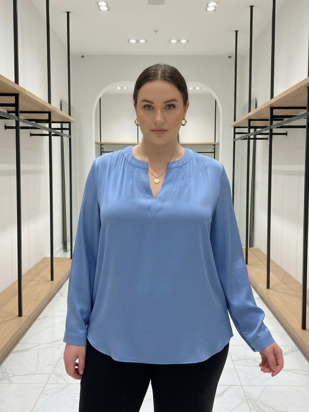 Classic V-Neck Long-Sleeve Blouse - Sky Blue 3X Boho Office